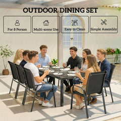 9 Pieces Patio Set with Stackable Chairs, Patio Dining Set with Glass Top for Garden, Patio, Backyard, Black