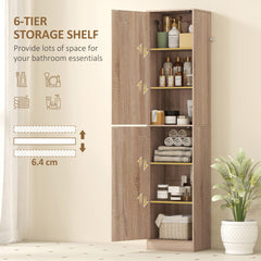 Tall Bathroom Cabinet, Slim 6-Tier Bathroom Floor Cabinet with 2 Doors and 4 Adjustable Shelves, Natural Wood