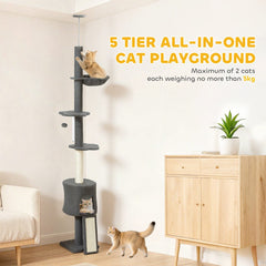 87"-94.5" Floor to Ceiling Cat Tree with Sisal Scratching Post, Condo, Hammock, Ramp, Perches, Dark Grey