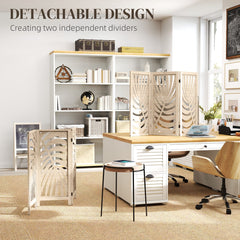 3 Panel Room Divider, Detachable Folding Privacy Screens with Palm Leaf Design for Home Office, Natural Wood Finish