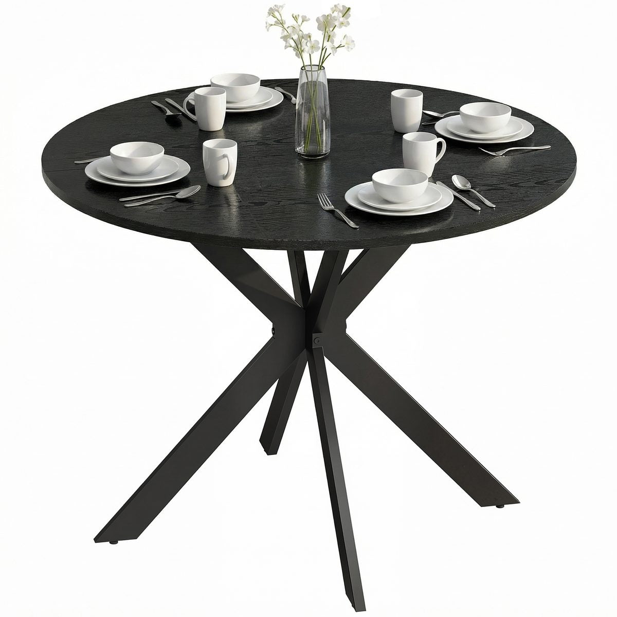39" Dining Table, Contemporary Round Kitchen Table with Steel Legs, Black Wood Grain