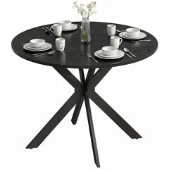 39" Dining Table, Contemporary Round Kitchen Table with Steel Legs, Black Wood Grain