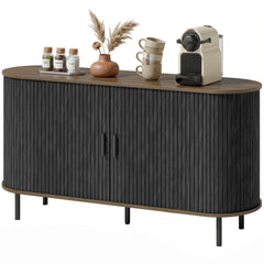 Fluted Sideboard Buffet Cabinet, 55" Mid Century Coffee Bar Cabinet with Sliding Doors and Adjustable Shelves, Black