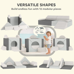 12 PCS Modular Kids Play Couch, Child Sectional Sofa for Toddlers, Convertible Foam and Floor Cushion, Grey