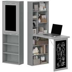 Fold-out Convertible Office Desk, Wall Mount Computer Desk with Blackboard and Side Shelf, Charcoal Grey