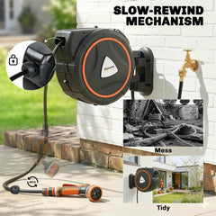 Retractable Garden Hose Reel, 1/2" x 92ft Wall Mounted Hose Reel with 12-Pattern Nozzles, Auto Retraction, Self-Locking