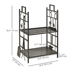 20.25" x 13" x 30.25" 2-Layer Heavy Duty Firewood Rack Wood Log Fireplace Stacker w/ 4 Tools, Black and Gold