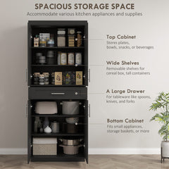72" Storage Cabinet, Freestanding Kitchen Pantry Cabinet with 4 Doors, Drawer and 3 Adjustable Shelves, Black