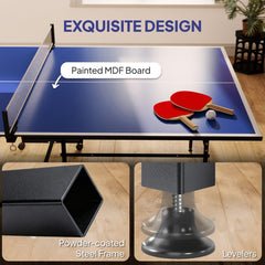 Full Size Table Tennis Table, Folding Ping Pong Table with Net, Paddles, Balls and Wheels, Blue