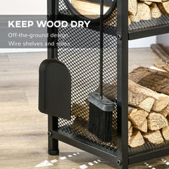 2-Tier Firewood Rack with Shovel, Broom, Poker, Tongs, Side Hooks, Log Holder for Fireplace, Outdoor Indoor Wood Storage Stacker, 21.7" x 12.6" x 30.3", Black
