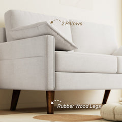 3 Seater Sofa, Velvet Upholstered Couch with Spring Cushions, Rubber Wood Legs and 2 Pillows, Cream White