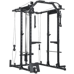 Multi-Functional Power Rack, Smith Machine Cable Crossover System with Pull Up Bar, Lat-Pull Down System, Landmine
