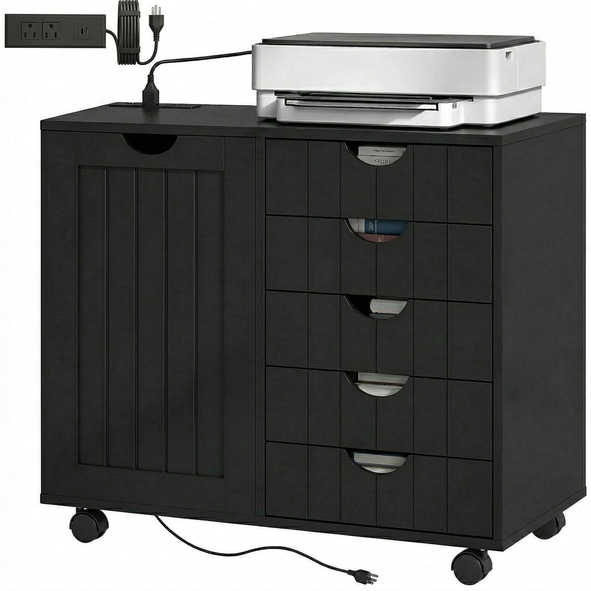 Mobile Lateral Filing Cabinet with 5 Drawers, Printer Stand with Power Outlets and USB Ports for Home Office, Black