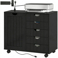 Mobile Lateral Filing Cabinet with 5 Drawers, Printer Stand with Power Outlets and USB Ports for Home Office, Black