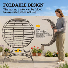 Egg Chair, Patio Lounge Chair, Foldable Basket Chair with Large Seat Cushion, Side Pocket, Sand
