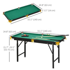 55" Pool Table Set Folding Billiard Table with Adjustable Height, 2 Cues, 16 Balls, 2 Chalks, Triangle, Brush, Green
