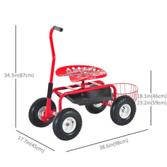 Garden Scooter, Rolling Cart with Swivel and Adjustable Seat, Tool Tray, Bucket Basket, Red and Black