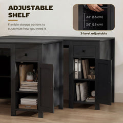 53" Farmhouse Executive Desk, Computer Desk with Drawers and 2 Cabinets, Study Table for Home Office, Black Wood Grain