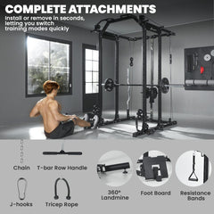 Multi-Functional Power Rack, Smith Machine Cable Crossover System with Pull Up Bar, Lat-Pull Down System, Landmine