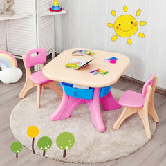 3 Piece Kids Play Table and 2 Chair Set with 4 Storage Bins, Pink