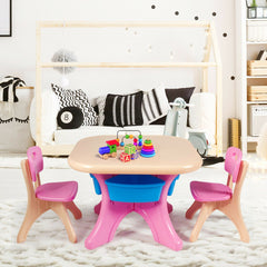 3 Piece Kids Play Table and 2 Chair Set with 4 Storage Bins, Pink