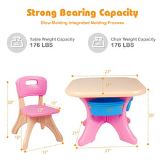 3 Piece Kids Play Table and 2 Chair Set with 4 Storage Bins, Pink