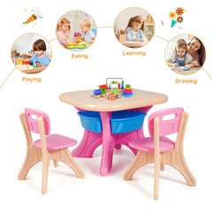 3 Piece Kids Play Table and 2 Chair Set with 4 Storage Bins, Pink