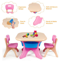3 Piece Kids Play Table and 2 Chair Set with 4 Storage Bins, Pink