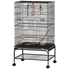 52" Bird Cage with Rolling Stand, Toys, for Budgies Canaries Black