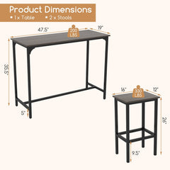 Industrial 3-Piece 47.5 inches Counter-Height Dining Table and 2 Bar Stools-Gray