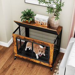 Industrial Dog Kennel with Flip-up Top 3 Lockable Doors and Removable Tray-Rustic Brown