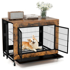 Industrial Dog Kennel with Flip-up Top 3 Lockable Doors and Removable Tray-Rustic Brown