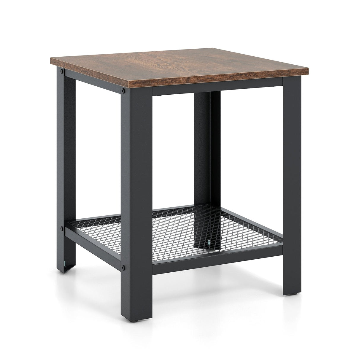 Industrial 2 Tier Side Table with Mesh Shelf, Rustic Brown Top and Black Frame