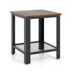 Industrial 2 Tier Side Table with Mesh Shelf, Rustic Brown Top and Black Frame