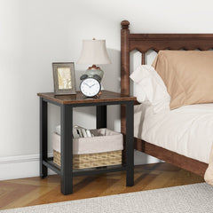 Industrial 2 Tier Side Table with Mesh Shelf, Rustic Brown Top and Black Frame