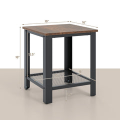 Industrial 2 Tier Side Table with Mesh Shelf, Rustic Brown Top and Black Frame