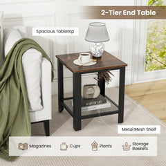 Industrial 2 Tier Side Table with Mesh Shelf, Rustic Brown Top and Black Frame