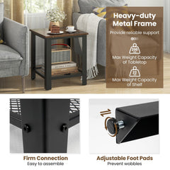 Industrial 2 Tier Side Table with Mesh Shelf, Rustic Brown Top and Black Frame