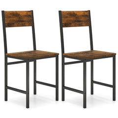 Set of 2 Industrial Dining Chairs, Rustic Brown Wood Grain Seat and Back on Black Metal Frame