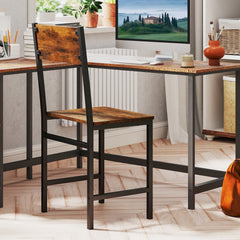 Set of 2 Industrial Dining Chairs, Rustic Brown Wood Grain Seat and Back on Black Metal Frame