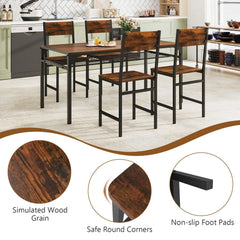 Set of 2 Industrial Dining Chairs, Rustic Brown Wood Grain Seat and Back on Black Metal Frame