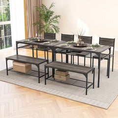 Industrial Style Rectangular Kitchen Table with Bench and Chairs-Gray