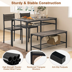 Industrial Style Rectangular Kitchen Table with Bench and Chairs-Gray