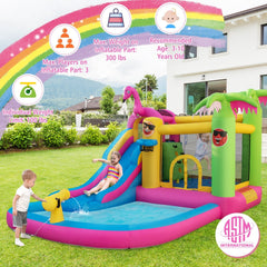 Flamingo Inflatable Bounce Castle with 8.5 ft Water Slide and 735W Blower