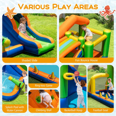 8-in-1 Inflatable Bounce House Water Park with Slide, Ring Toss and 480W Blower, Ages 3 to 12