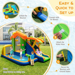 8-in-1 Inflatable Bounce House Water Park with Slide, Ring Toss and 480W Blower, Ages 3 to 12