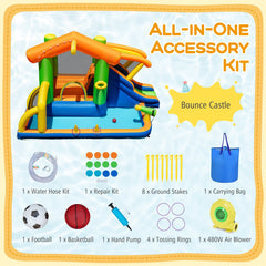 8-in-1 Inflatable Bounce House Water Park with Slide, Ring Toss and 480W Blower, Ages 3 to 12