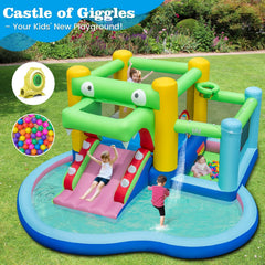 Crocodile Inflatable Bounce Castle with Splash Pool, Ball Pit and 680W Blower