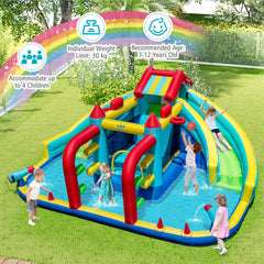 Double Water Slide Park with Obstacle Course, Twin Cannons and 750W Blower, Ages 3 to 12