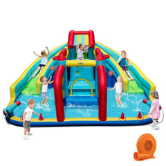 Double Water Slide Park with Obstacle Course, Twin Cannons and 750W Blower, Ages 3 to 12